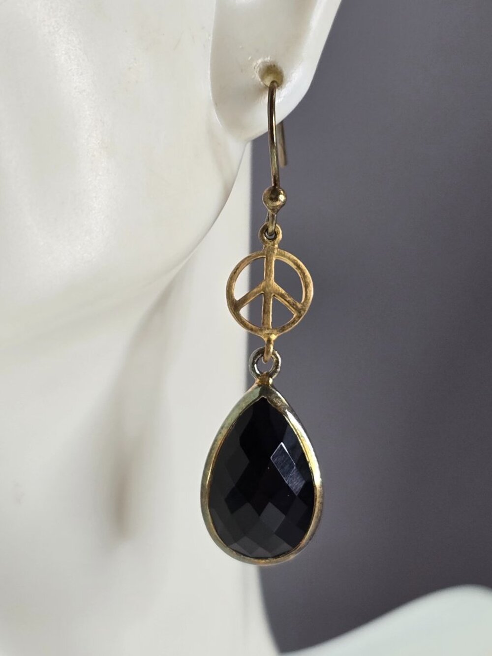 Womens Estate Sterling Silver Gold Tone Onyx Peace Earrings 6.0g E1972